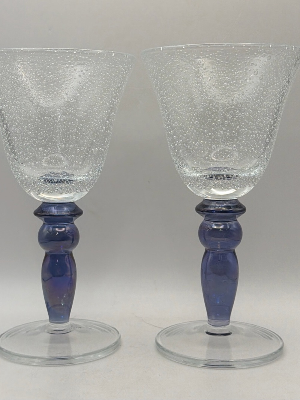 Pottery Barn Bubble Glass Wine Goblets with Blue Stems (Pair)8oz